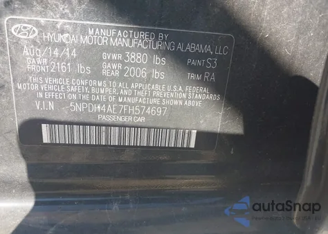 2015 Hyundai Elantra Se from USA, damaged, VIN 5NPDH4AE7FH574697